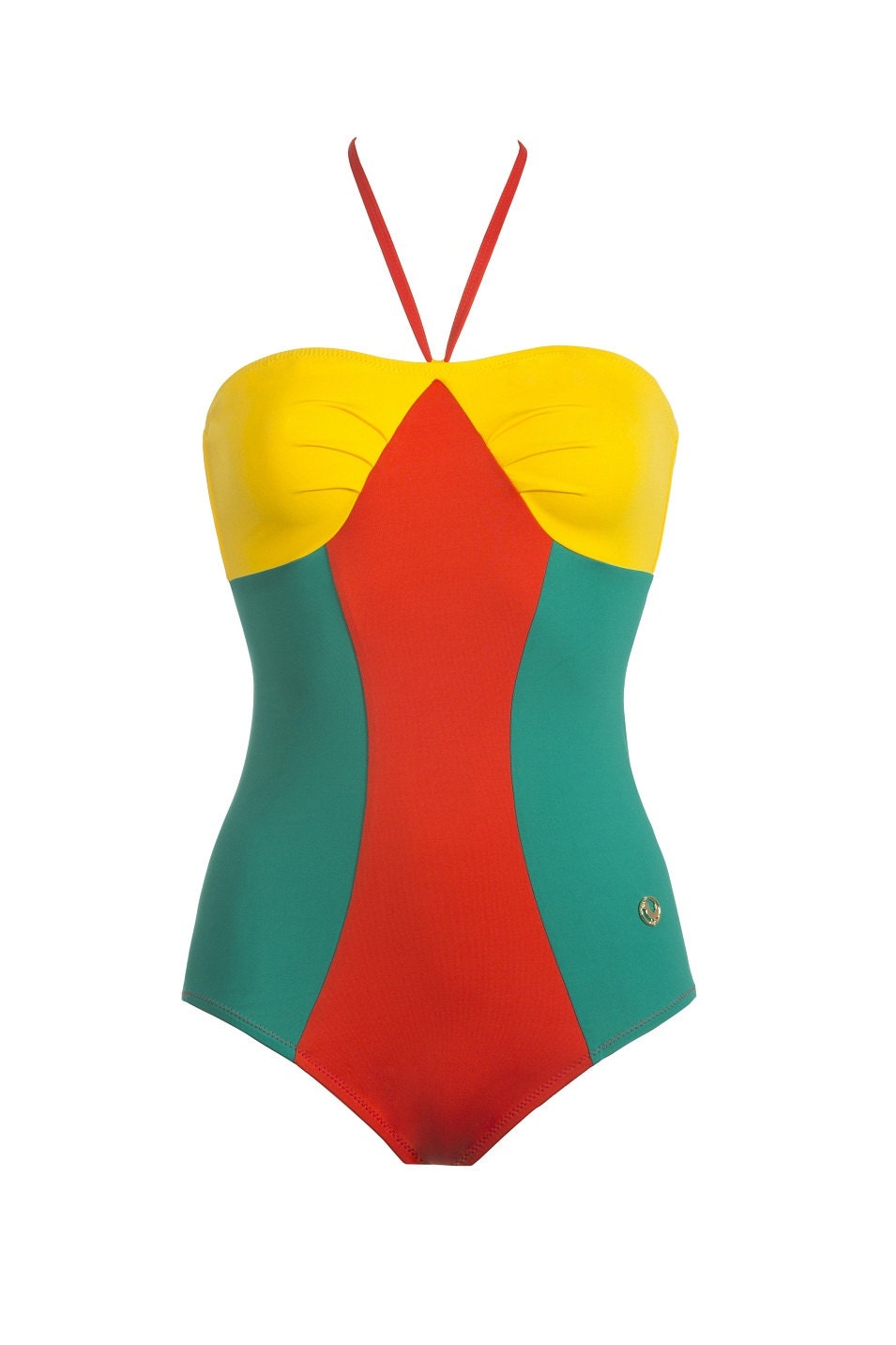 1950s Pin Up Girl one piece strapless Swimsuit / Orange Red, Green and Yellow one piece strapless bathing suit