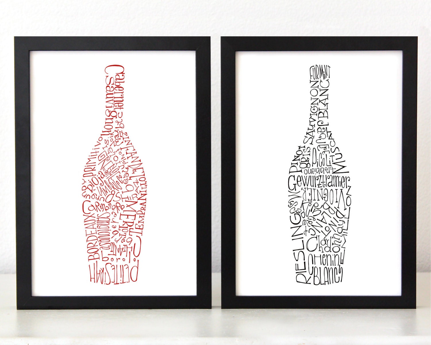 A3 set of 2 - Kitchen Art Typography Posters "red & white wine" art print, pen and ink illustration dining room wall decor
