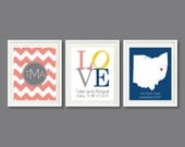 Three Print Set-8x10-Chevron Monogram Initials-Wedding State Map-LOVE-Family Establishment Date-Coral, Yellow, Grey, Blue OR Choose Colors-3
