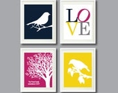 Family Tree Print Set of Four-8x10-Birds, LOVE, Family Establishment Date-Navy, Magenta, Yellow and Grey OR Choose Colors-4-Wedding Gift