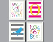 Nursery Art Print Set of Four 8x10-Bird, Alphabet, Numbers, Stripes, Monogram Initial - Yellow, Hot Pink, Orange, Turquoise, Green, Grey