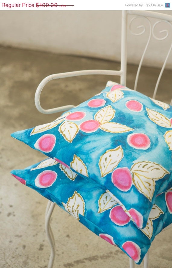ON SALE 2 Spring floral Cushion covers, Pink blue and green flowers printed on Linen, Original textile design by Dikla Levsky