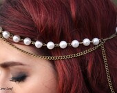 Pearl & vintage chain Hair piece, Large acrylic white pearl beads,  hair piece, Pearl Chain headpiece, hair accessories, bridal headdress