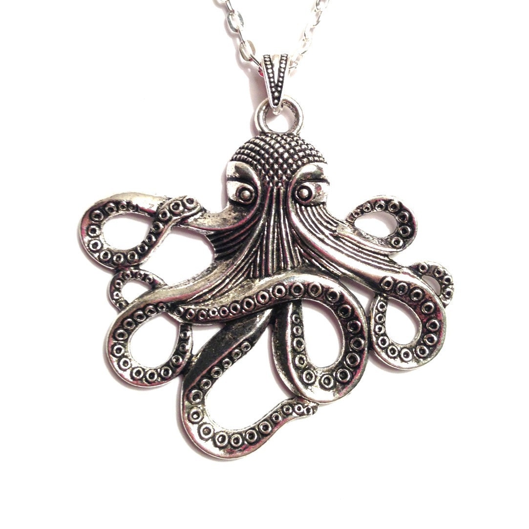 Octopus Necklace - Pewter Silver Metal, Nautical Jewelry, Vintage, Large, Sailor-Inspired, Sea Creature, Squid, Kraken, 24" Link Chain