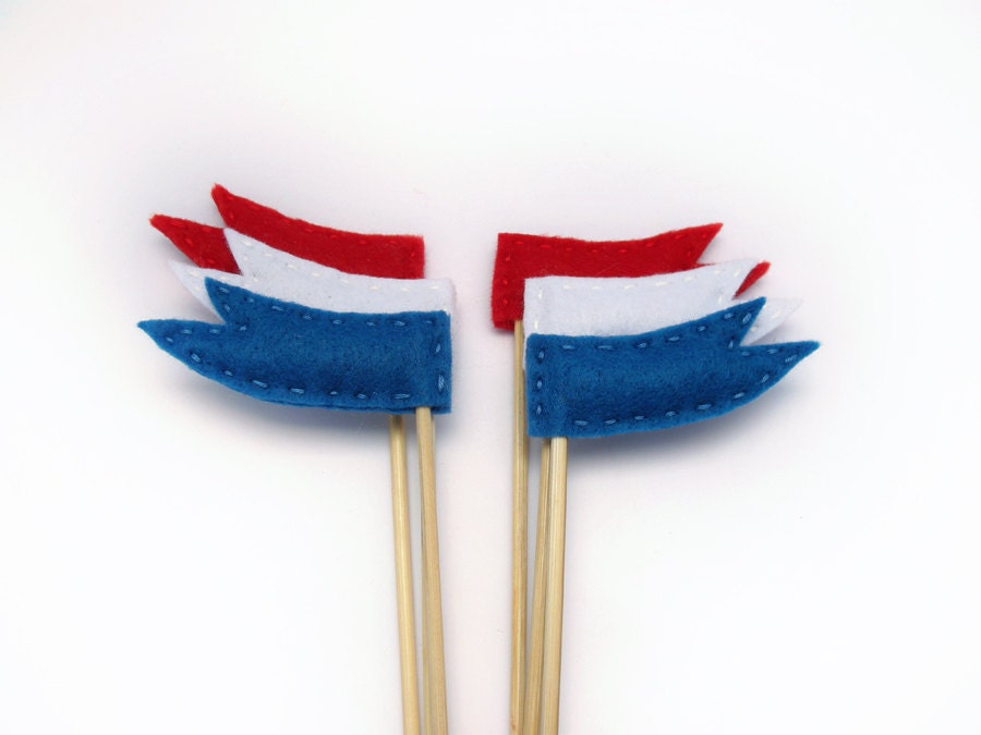 Patriotic Flags cupcake toppers -red, white & blue 4th of July party decoration, party favors - set of six