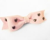 Pink Wool Felt Bow with Brass Heart Studs On Alligator Clip - Large Bow Size