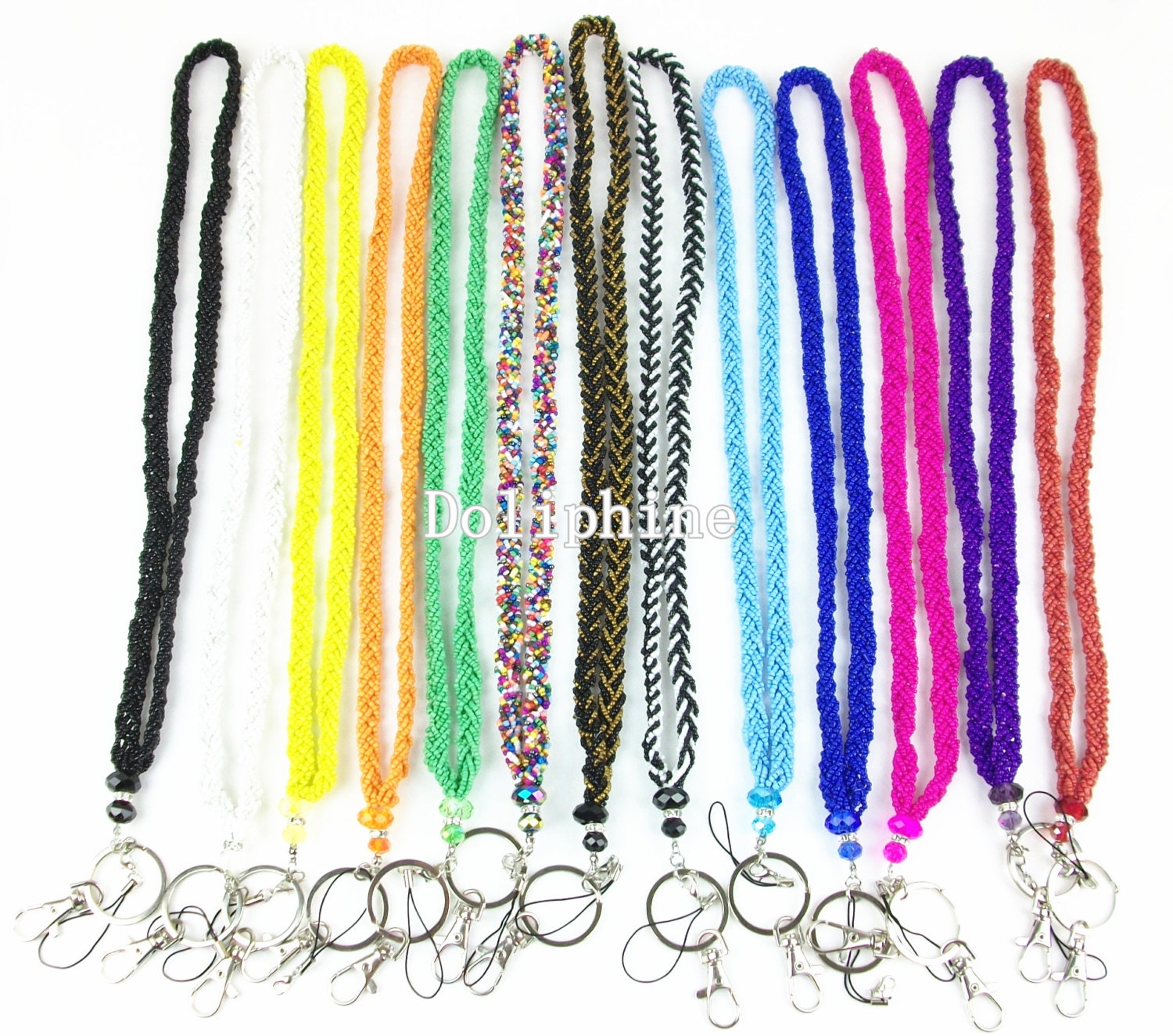 Colorful Mini beaded necklace lanyard keychain with Crystal for ID, key, phone, and badge