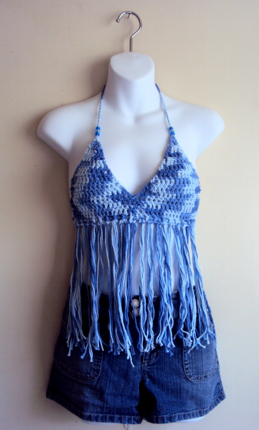 Cotton Fringe Bikini Top Boho Hippie Gyspy Top Tank Halter Blue White Crochet Swimwear Festival Top Beachwear Women Spring Summer Clothing