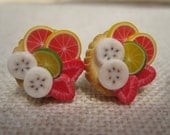 MINIATURE to WEAR - Fruit Tart earrings with Grapefruit, Strawberry, Lime and Banana in polymer clay