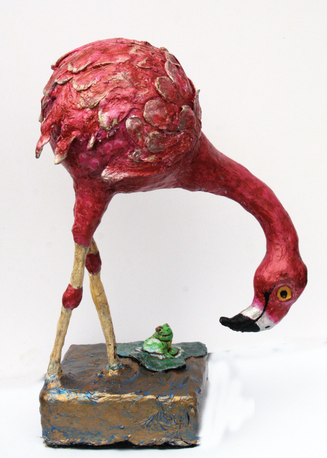 The Flamingo & The Frog - Paper Mache Sculpture - GinsLilCharacters