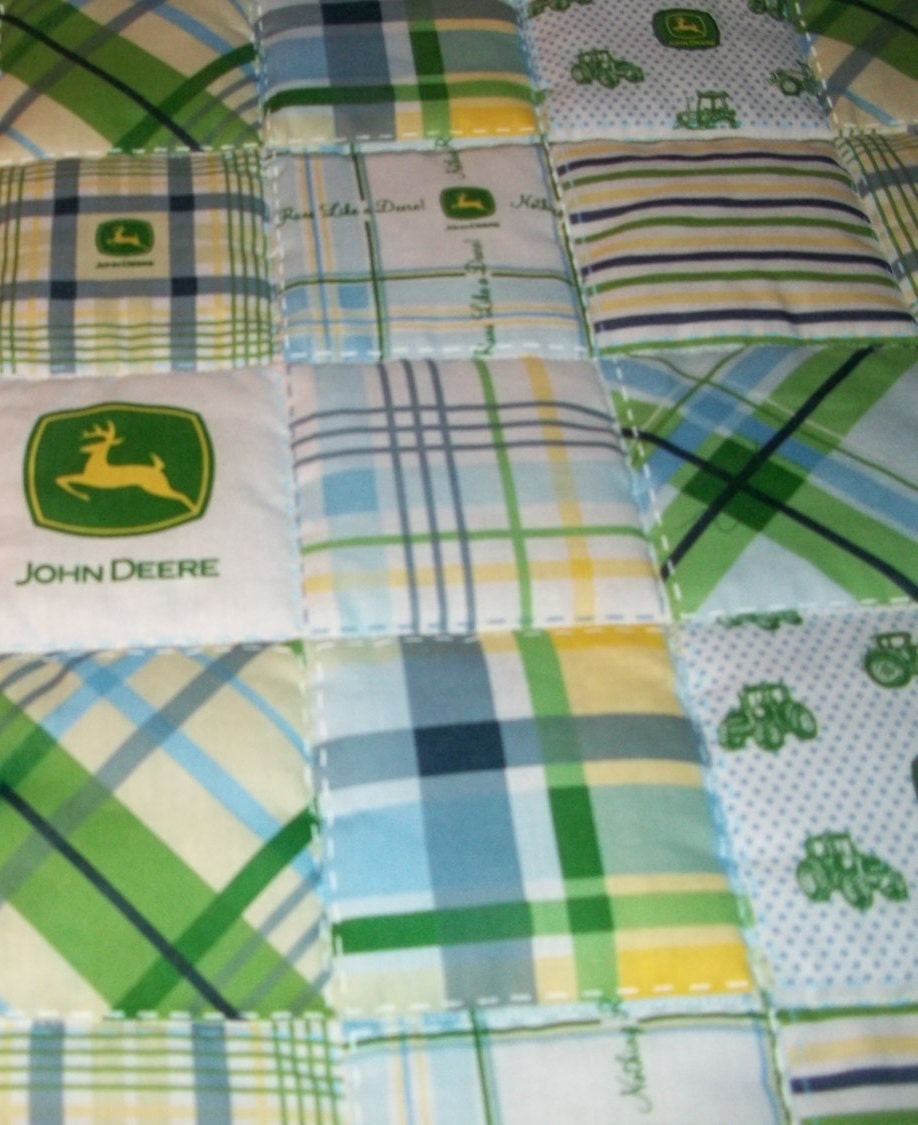 Handmade Blue Plaid John Deere Print Baby Boy Quilt (Personalized Embroidered Name FREE)