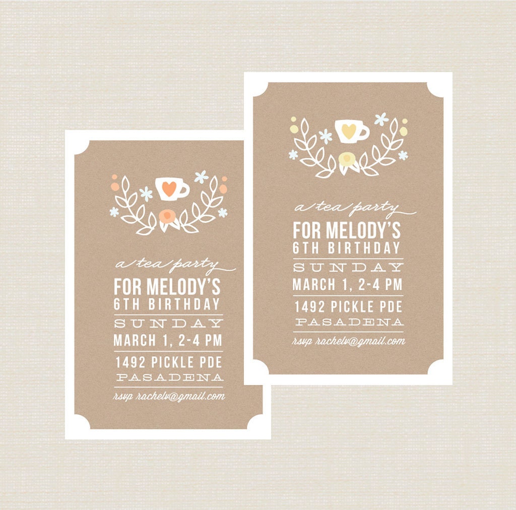 Girls Tea Party Invitation - Afternoon Tea or Morning Tea Birthday Invite - 5th 6th 7th 8th - Pink Blue or Yellow
