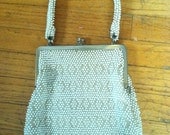 Vintage White Hand Beaded Hand Bag Purse 1950s 1960s