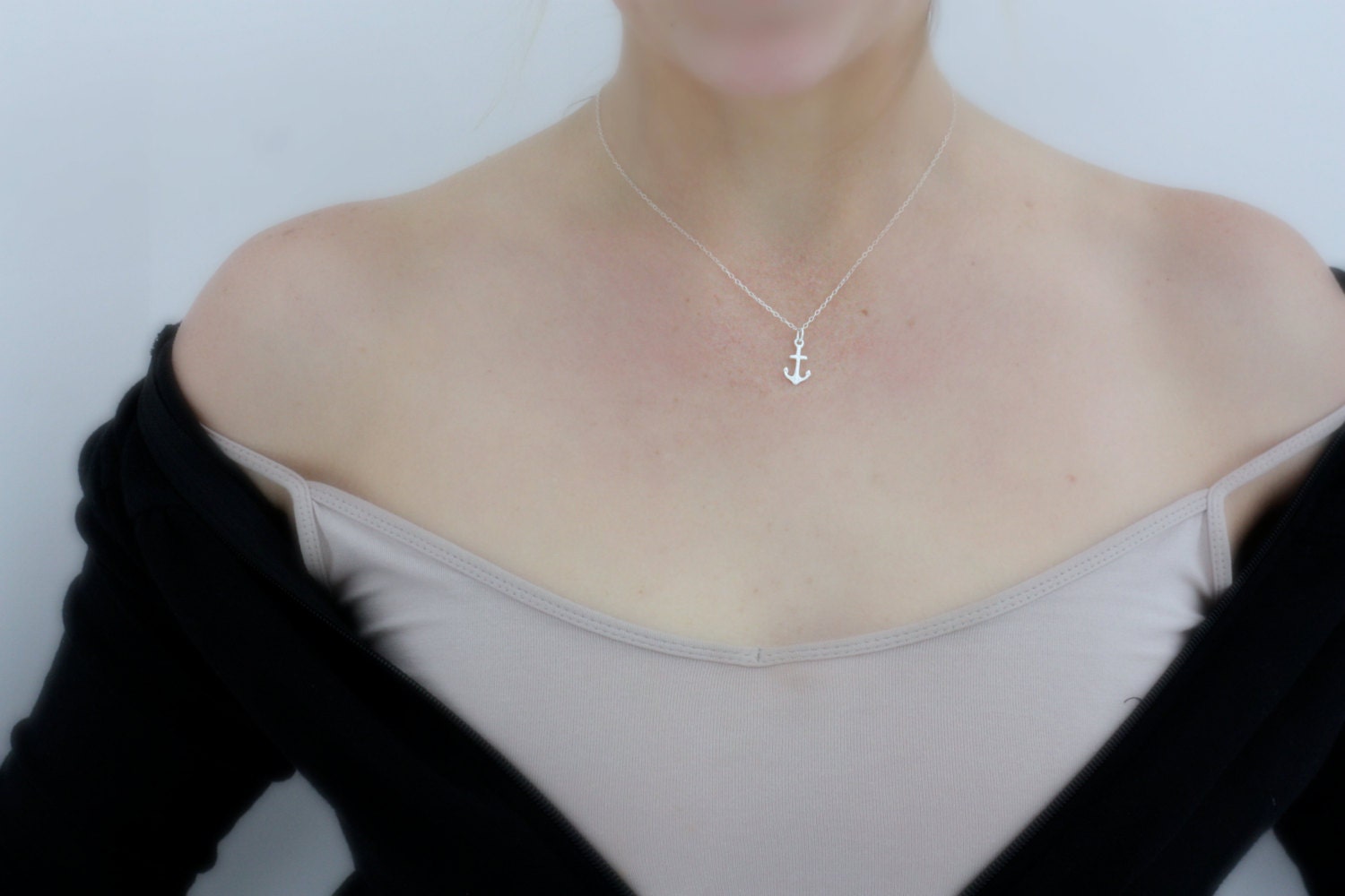 Tiny 925-Stamped Sterling Silver Anchor Charm on Sterling Silver Chain, Navy Wife Necklace, Anchor Collarbone Necklace, "Anchor To My Soul"