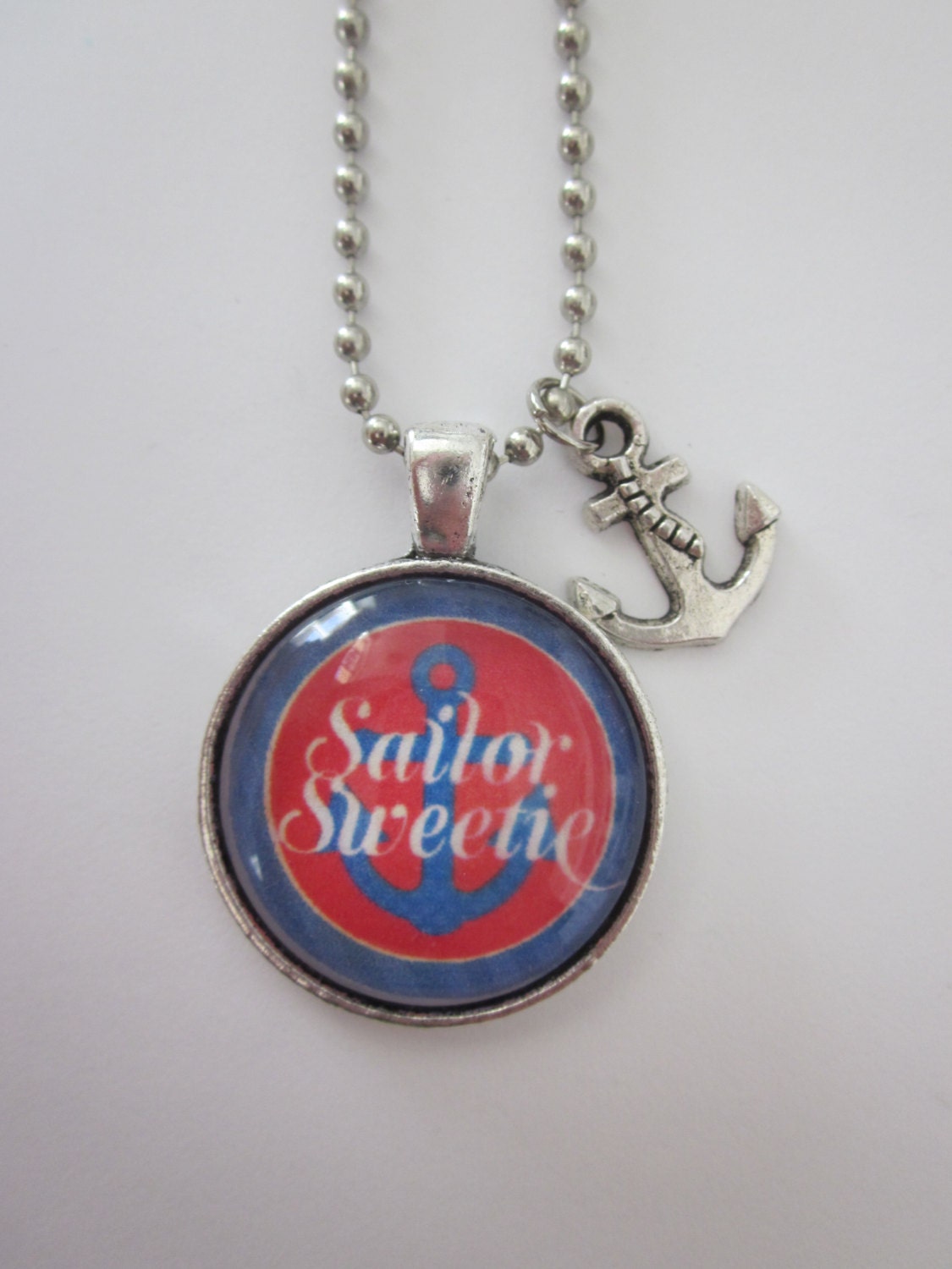 Sailor Sweetie Blue/Red Glass Pendant Necklace With Silver Anchor Charm