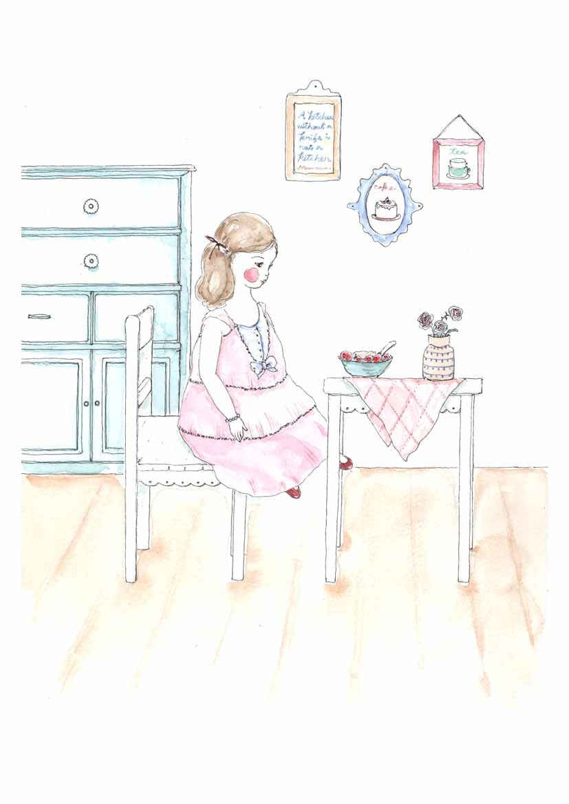 Fine Art Watercolor Original Illustration Print. Lonely Breakfast.Young Lady. Kitchen. Strawberry Cereal.