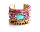 Made to Order/OOAK SS13 Luxury Swarovski Hair On Leopard Friendship Bracelet Jewelry Ultra Wide Turquoise Cuff,bohemian indian gypsy,Ethnic