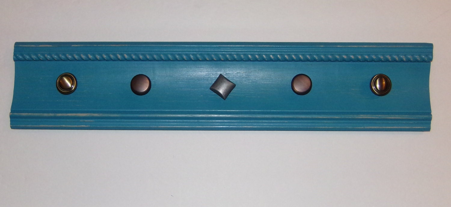 Wood Wall Hanger/Jewelry Holder/Bathroom Rack/painted Desert Turquoise/Distressed/Shabby Chic