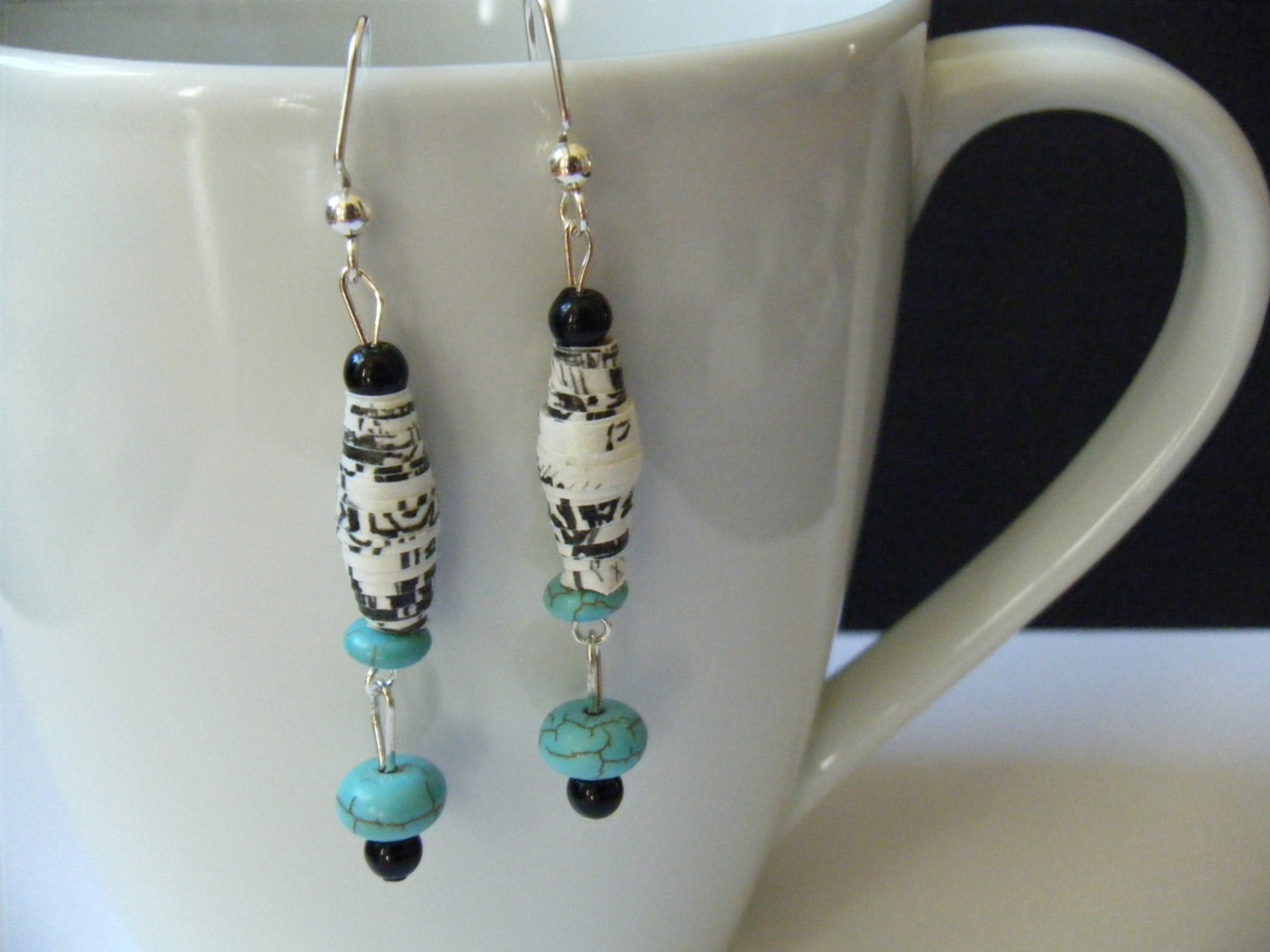 OOAK Recycled Material Paper Bead Turquoise Black Dangling WIre Hook Earrings Upcycled Repurposed Silver Eco Bohemian Earth Jewelry