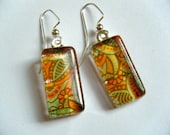 OOAK Paisley Orange Green Multi Color Floral Design Recycled Material Glass Tile Earrings Upcycled Paper Repurposed Magazine Wire Hooks