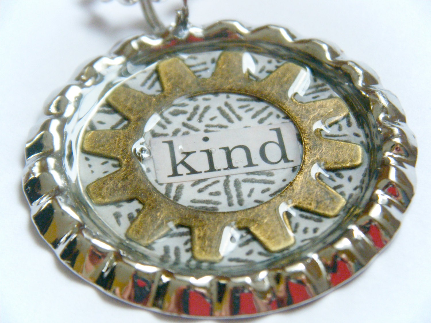 Brass Silver Gear Kind Inspirational Word Collage Recycled Material Bottlecap Pendant Necklace Upcycled Paper Jewelry