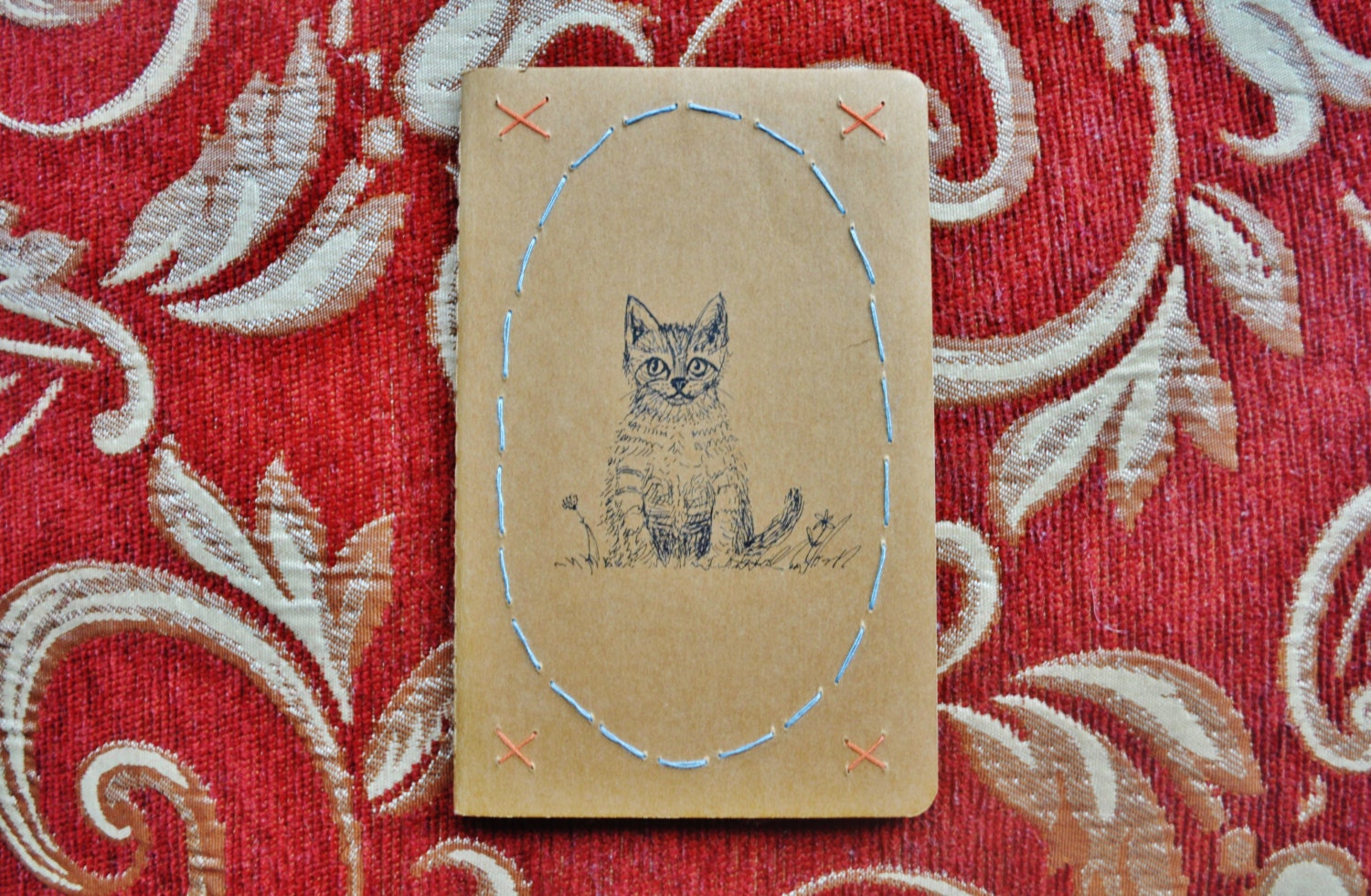 Original Hand Drawn & Embroidered "Oh Cat" Moleskine 9 x 14 cm