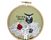 Hand embroidered hoop wall art Carpe Diem creepy woman with red rose and owl