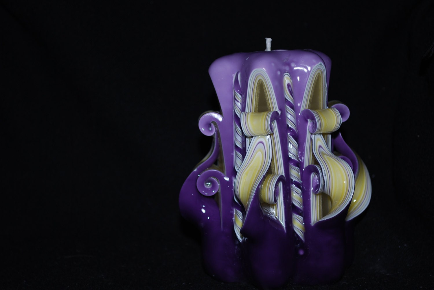 Hand Carved Purple and Yellow Cut and Curl Candle