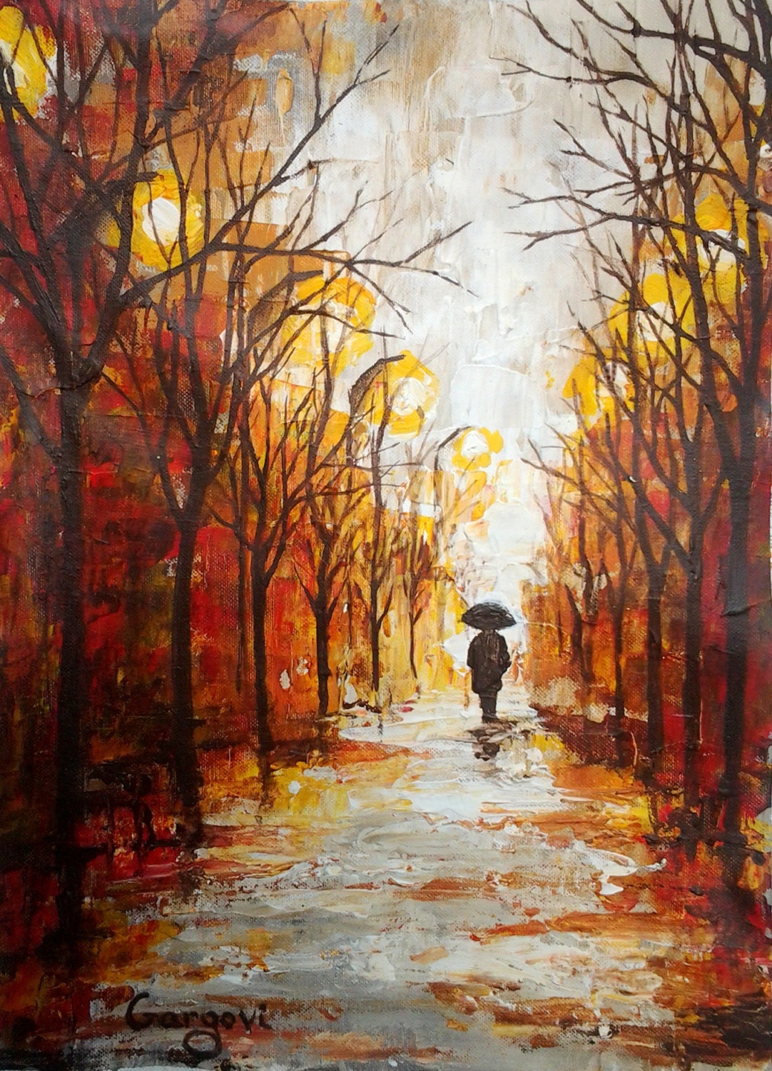 Autumn Rain - Original Signed Modern Palette Knife Abstract Landscape - Oil And Acrylic On Canvas - Contemporary Art Painted By Gargovi