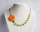 Tangerine dahlia necklace with apple green glass beads, polymer clay flower necklace, spring jewelry
