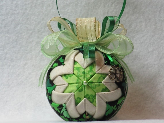 Quilted no sew fabric St. Patrick's Day ornament - black/green/gold shamrock fabric, shamrock ribbon, green & gold bow, with Shamrock charm
