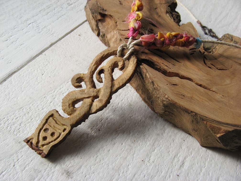 Carved Celtic Vines, Wood, Silk, and Hemp Necklace, Irish Tree of Life, Crann Bethadh