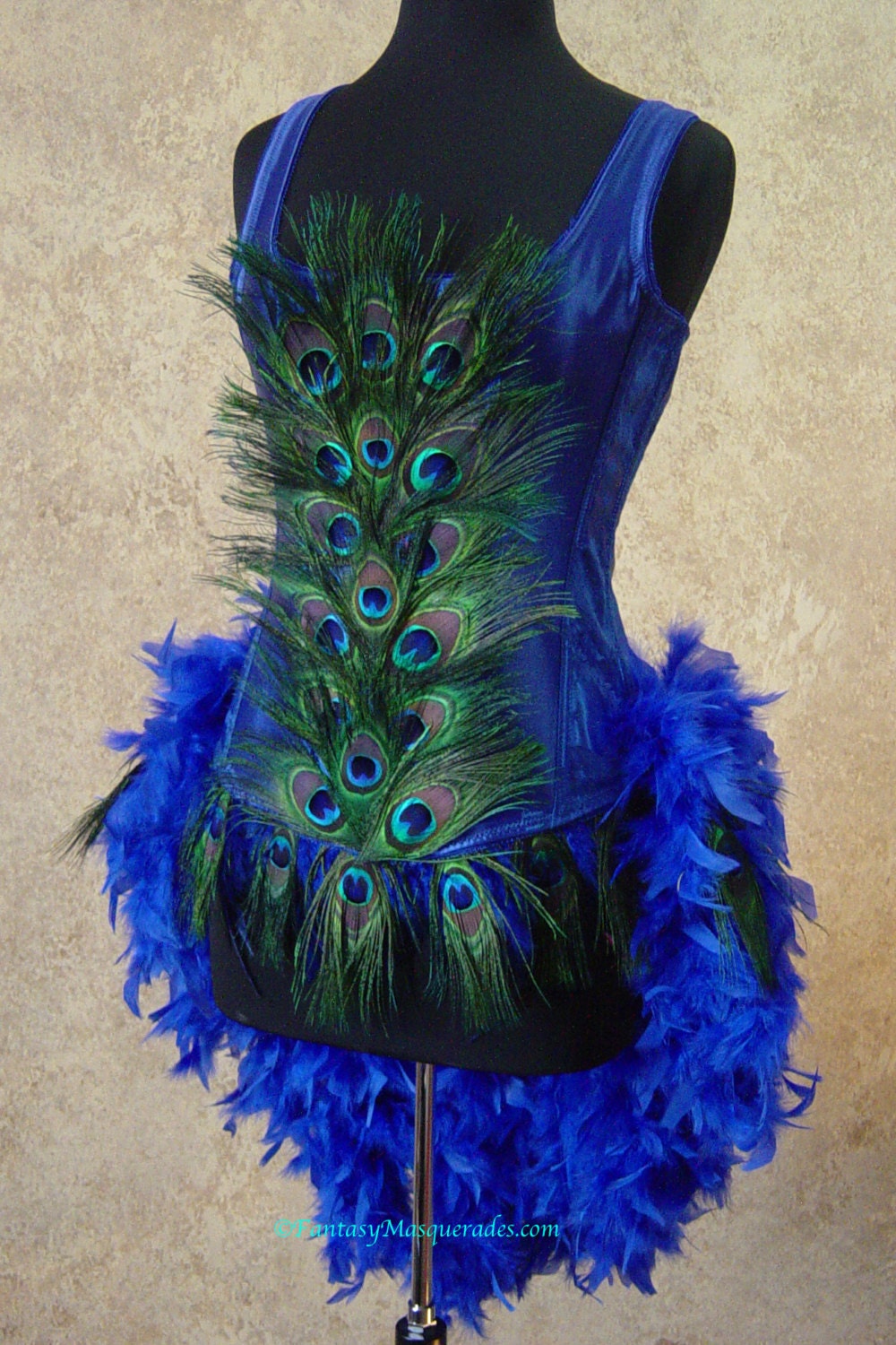 Size XL-Royal Blue Peacock Feather Moulin Burlesque Rouge Mardi Gras Costume with Feather Train