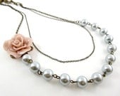 Pink Flower Asymmetric Necklace Rose Charm Floral Necklace with Silver Beads- Shabby Chic Prom Wedding Bridesmaid Jewelry