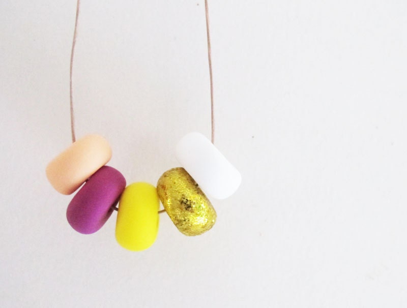 Handmade Bright Neon 70's Sun Necklace In Peach Orange, Fuchsia Purple, Neon Yellow, Glitter Gold and Fresh White. Bright and Colourful