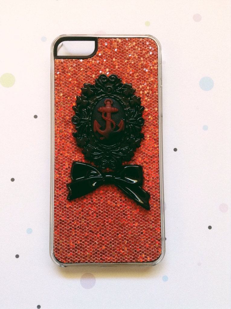 Red Glitter iPhone 5 case with Anchor Cameo and Bow