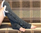 SALE Charcoal grey Boot sock button leg warmer slouchy with lace trim