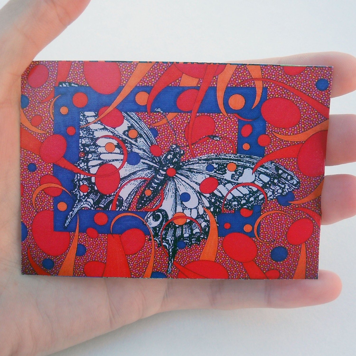 Butterfly ACEO orange purple red artist trading card ATC drawing tiny print
