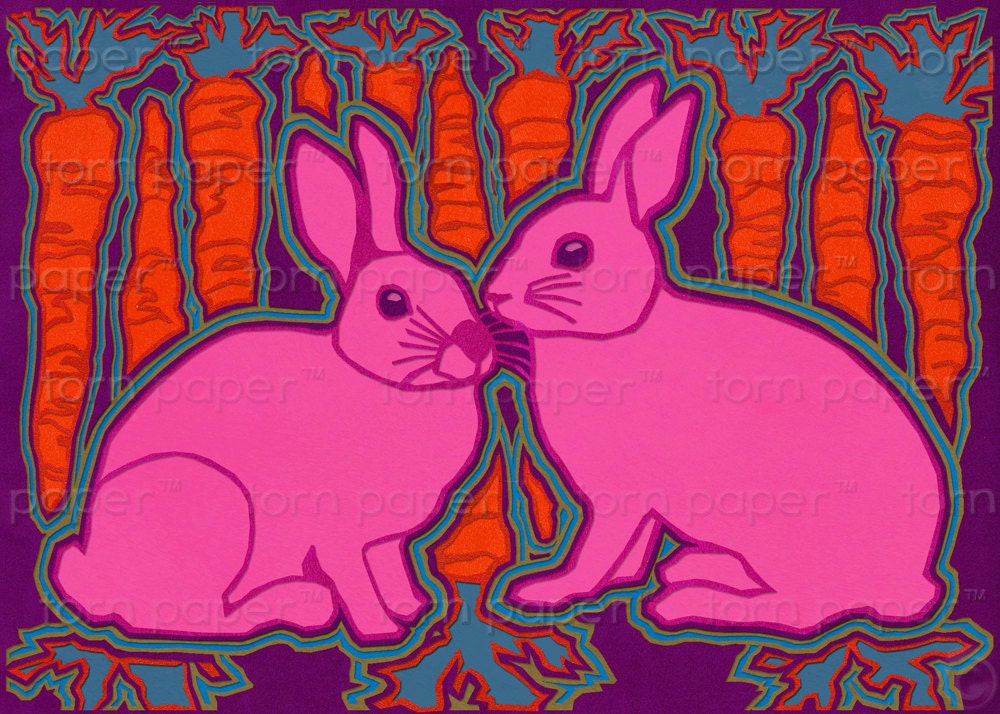 PAIR of RABBITS  Easter Card -  "The Wonders of Nature" Collection - Blank Inside -  5"x7" Collage Art Card - frame-able print (CVAL2013051)