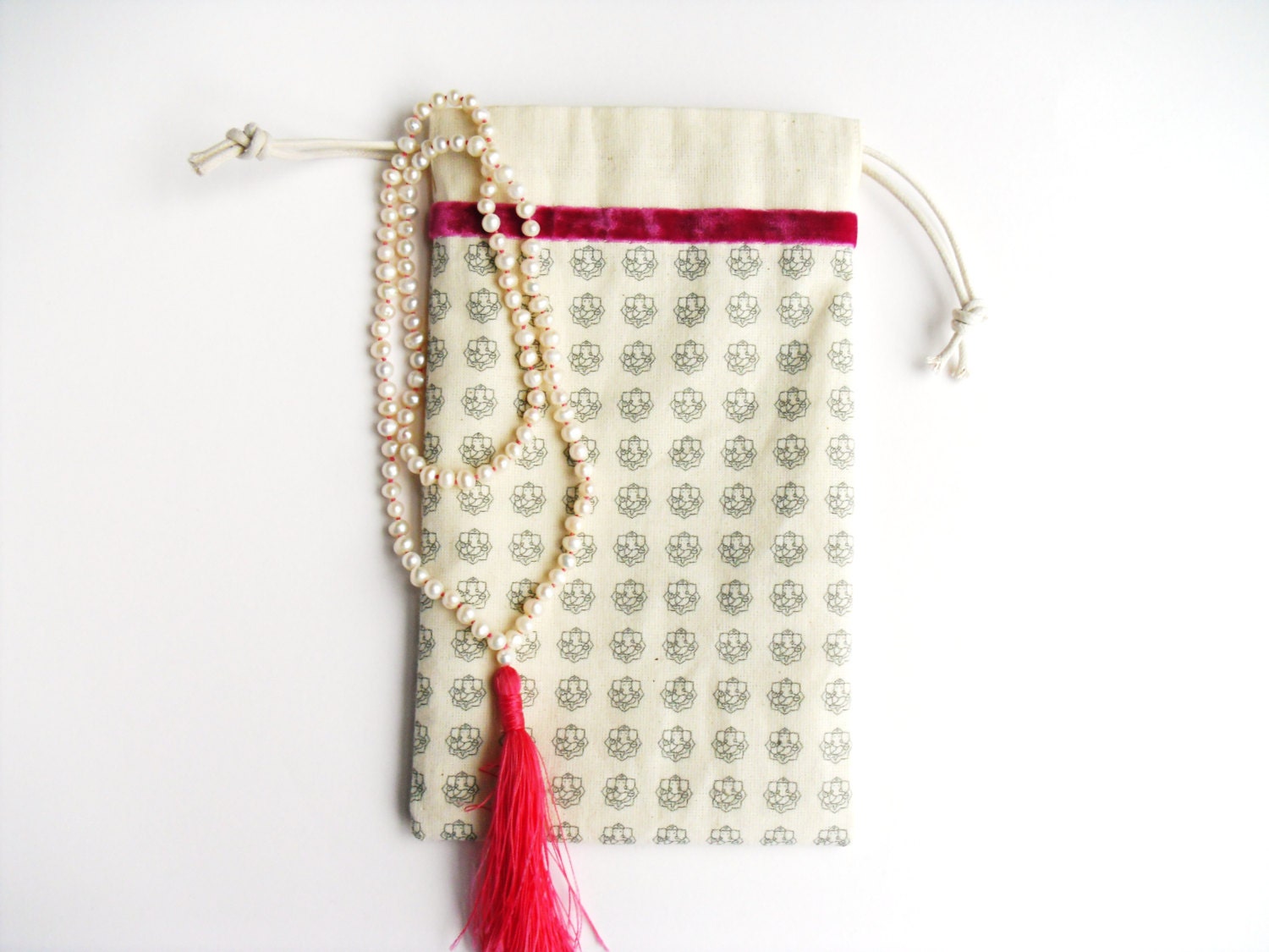 Eco Friendly Tarot Pouch, rune pouch, mala bag, jewellery bag, drawstring bag, Ganesha, Hindu, lined, cotton, off white, fuchsia pink