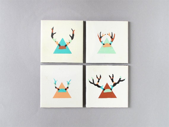 Hand painted coasters, set of 4, antlers, geometric