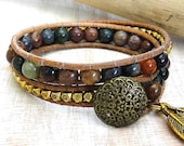 Custom wrap bracelet chan luu inspired genuine leather boho surfer chic 2 two double wrap with Indian agate gemstone beads feathers charm