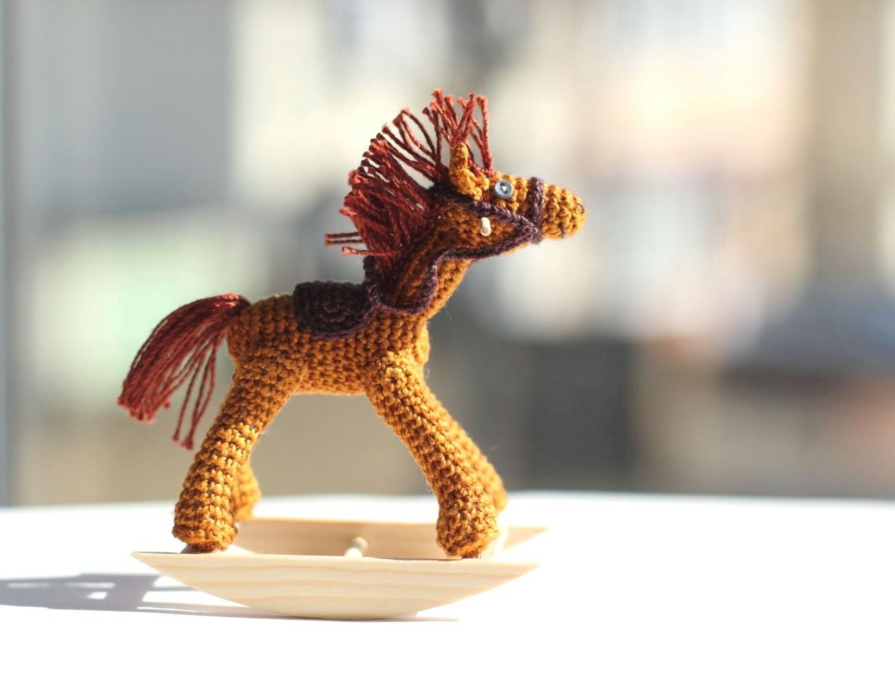 Crochet miniature Rocking Horse. Dollhouse miniature. Collectable Art Doll. Brown Horse.