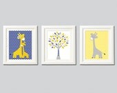 Navy, yellow and grey Nursery Art Print Set, 8x10, Kids Room Decor, Children Wall Art - Tree, love, giraffe family, giraffe nursery,baby boy