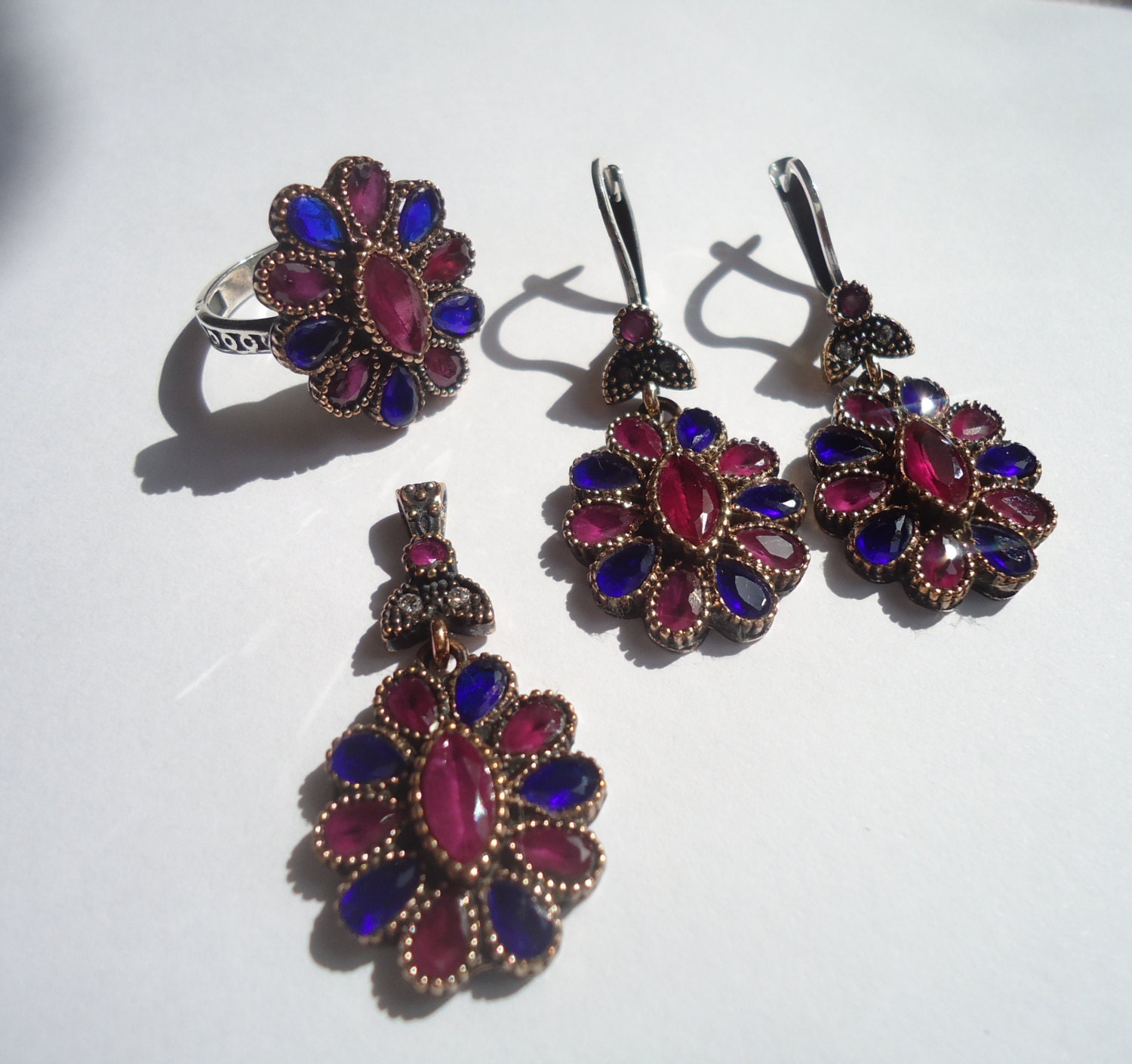 925 Sterling Silver & Bronze Set Ottoman Design Pendant - Ring - Earrings