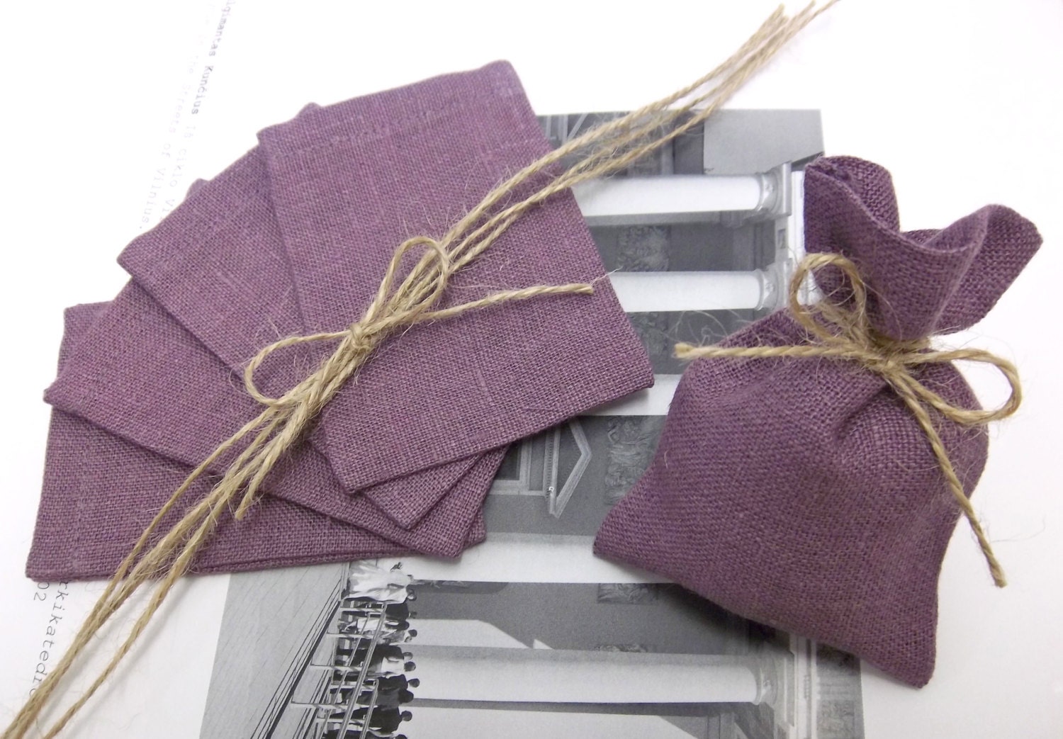 Linen SET OF 20 Wedding Favor Bags or Gift Bag Natural burlap Purple