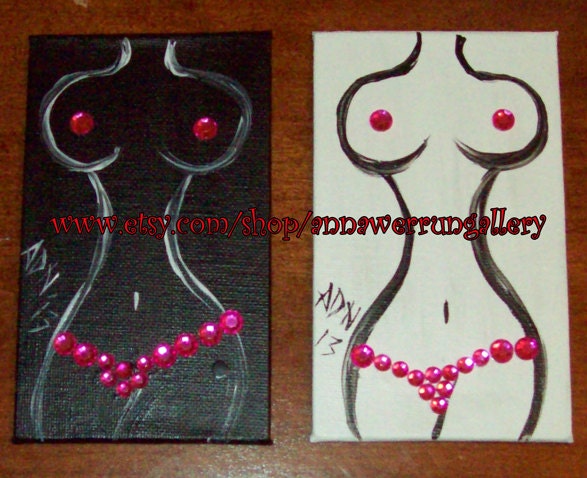 Free Shipping Nude Women Paintings "Ebony" and "Ivory" Acrylic 2 Paintings 3 x 5 inch Miniature Painting Mixed Media