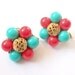 Muted Vintage Muted Bright Coral Orange And Muted Turquoise Cluster And Gold Tone Vintage Clip On Earrings Set