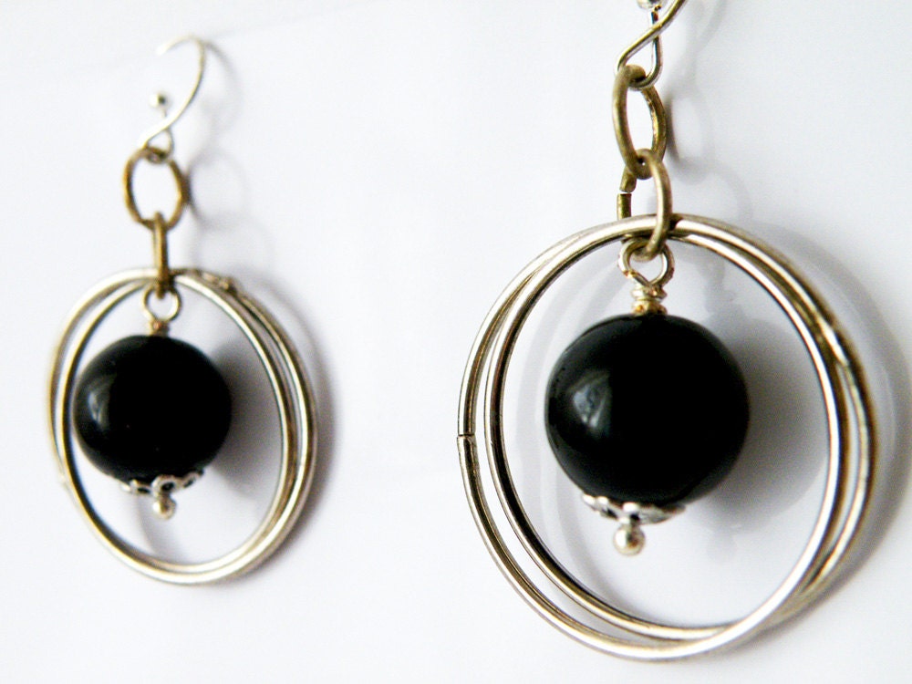 Black Onyx Round Pearl Hook Earrings Birthstone Jewelry December Women Minimalist Fashion by SteamyLab