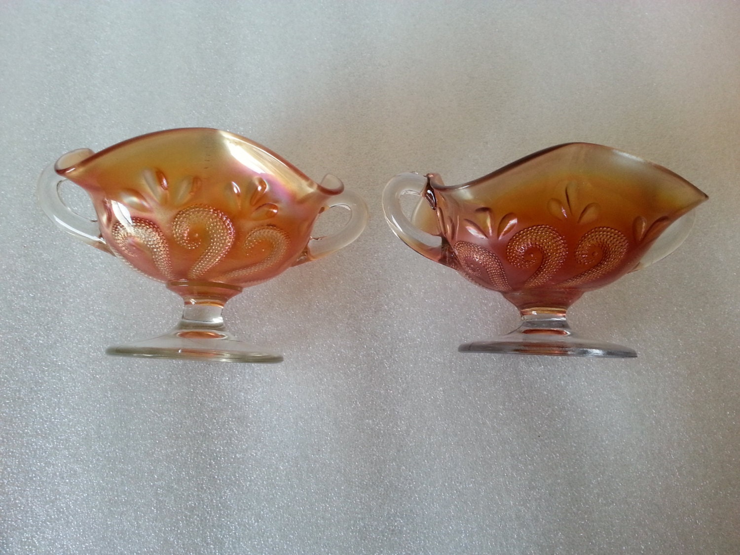 Pair of Antique Dungan Carnival Glass Marigold Question Mark Compotes